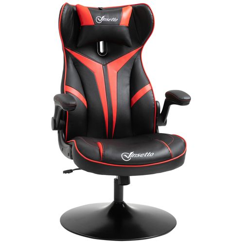 Fauteuil Gaming Base Ronde Métal Pivotante 360° Hauteur Réglable Tétière Accoudoirs Relevables Pvc Rouge Noir