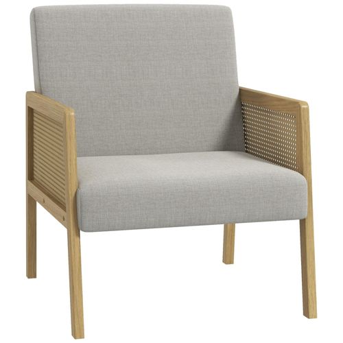 Fauteuil Lounge - 2 Coussins Inclus - Assise Profonde - Accoudoirs - Structure Bois Hévéa Rotin - Tissu Gris