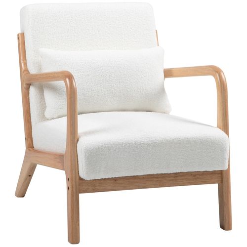 Fauteuil Lounge - 3 Coussins Inclus - Assise Profonde - Accoudoirs - Structure Bois Hévéa - Effet Laine Bouclée Blanc