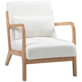 Fauteuil Lounge - 3 Coussins Inclus - Assise Profonde - Accoudoirs - Structure Bois Hévéa - Effet Laine Bouclée Blanc