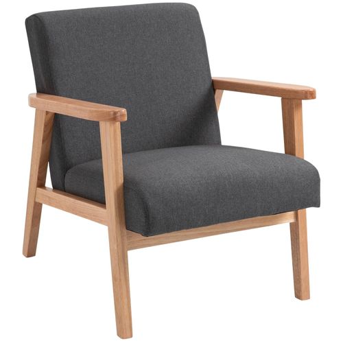 Fauteuil Lounge Style Néo-Rétro Assise Dossier Ergonomique Accoudoirs Structure Bois Hévéa Revêtement Lin Gris Foncé