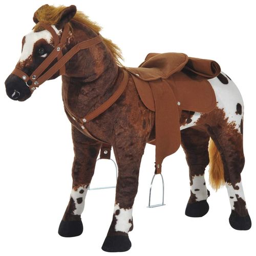Cheval debout en peluche effets sonores 32 pistes selle étrier rênes 85L x 28l x 60H marron blanc