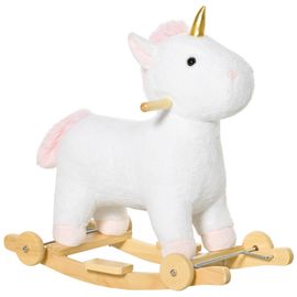 Cheval à bascule licorne porteur 2 en 1 - effet sonore - poignée structure bois de peuplier peluche douce blanche