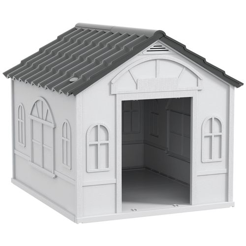 Niche Chien Style Cottage Dim. 65l X 75l X 63h Cm - Motifs Fenêtres, Porte, Aération - Pp Blanc Gris