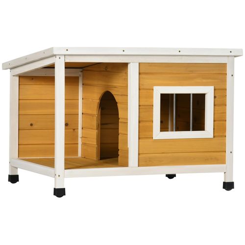 Niche Lodge Chien Avec Terrasse Couverte Sur Pied - Toit Bitumé Ouvrant, Fenêtre - Bois Sapin Pré-Huilé Blanc