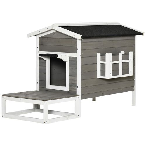 Maison Lodge Sur Pied - Niche Villa Chat Petit Chien - Terrasse, Toit Bitumé, Jardinière, 2 Portes - Bois Sapin Pré-Huilé Peint