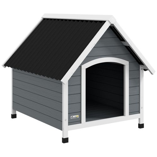 Niche Pour Chien Design Chalet Sur Pied - Toit Double Pente, Plancher Amovible - Plastique Noir Bois Blanc Gris