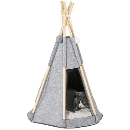 Tente Tipi Pour Animaux - Teepee Chien Chat - Coussin Épais Grand Confort Inclus - Structure Bois De Pin Feutre Polyester Gris