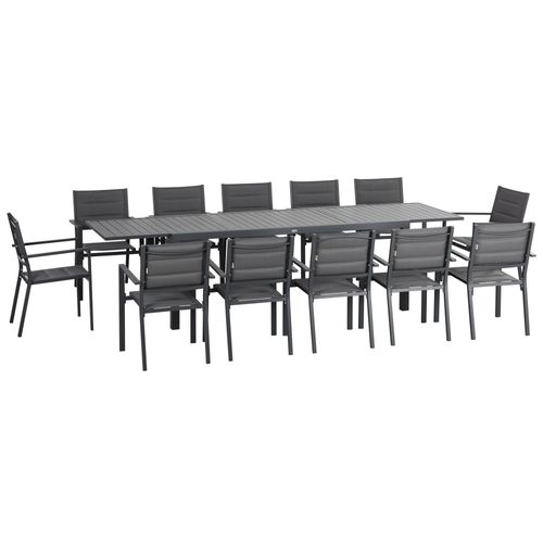 Ensemble Jardin 12 Personnes Chaises Empilables Table Extensible Gris