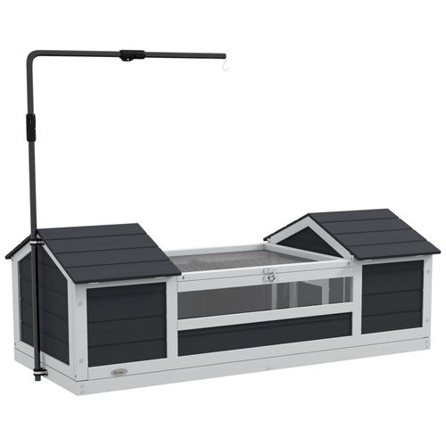 Maison Tortue Terrestre Extérieure - Enclos Tortue 2 Niches, Support Lampe Réglable, Toit Ouvrable - Acrylique Bois Gris