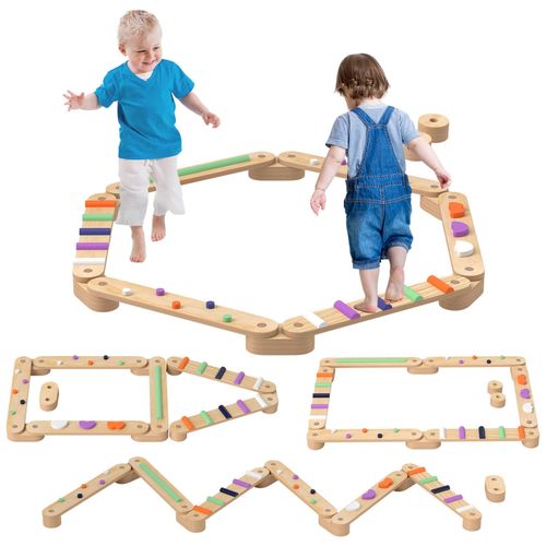 Poutre D'équilibre Enfant En Bois - Pierres D'obstacle Colorées - Intérieur Extérieur