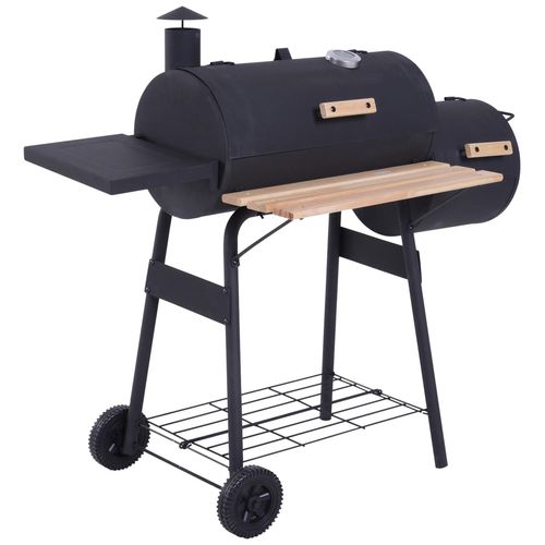Barbecue À Charbon Fumoir Bbq Grill Smoker Sur Pied Avec Couvercle, Roulettes, Thermomètre, Étagères  Acier Laminé À Froid Noir