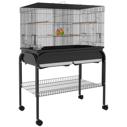 Grande Cage Oiseaux - Cage Perroquet - Grande Volière Sur Roulettes - Étagère, Plateaux Coulissants, Accessoires - Noir