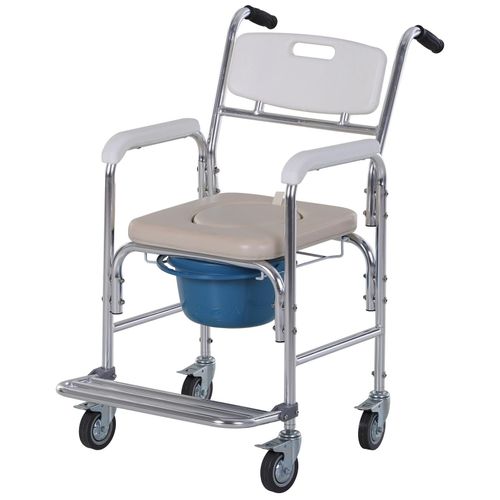 Homcom Chaise Percée À Roulettes - Fauteuil Roulant Percé - Chaise De Douche - Seau Amovible, Accoudoirs, Repose-Pied - Acier Chromé Hdpe Blanc 