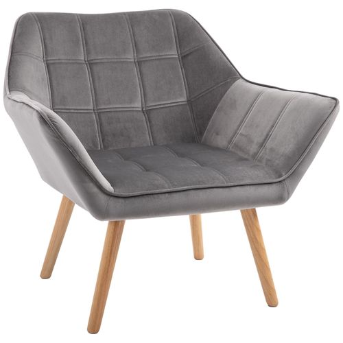 Fauteuil Salon Design Scandinave - Dossier Accoudoirs Enveloppant - Piètement Bois Hévéa Velours Effet Capitonné Gris
