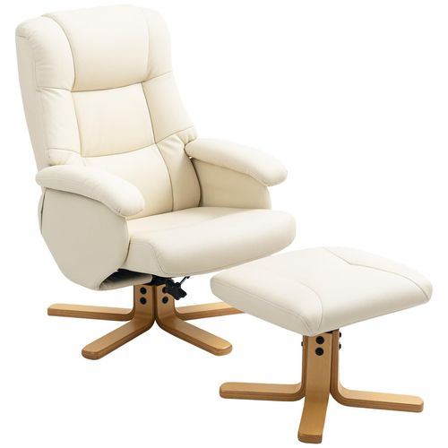 Fauteuil Relax Inclinable Pivotant Avec Repose-Pied Piètement Bois Clair Synthétique Crème