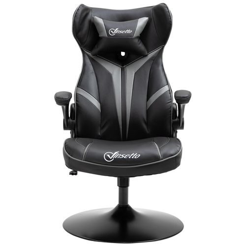 Fauteuil Gaming Base Ronde Métal Pivotante 360° Hauteur Réglable Tétière Accoudoirs Relevables Pvc Gris Noir