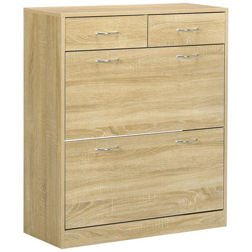 Armoire Meuble À Chaussures Multi-Rangement 2 Abattants Double Niveau 2 Tiroirs Aspect Chêne Clair 80x30x91cm Beige