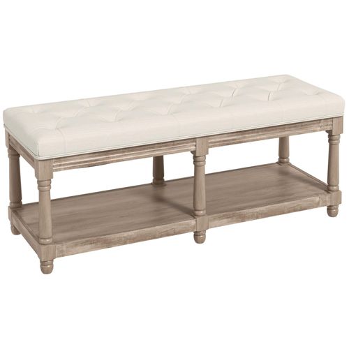 Banc À Chaussures Capitonnée Style Classique Chic Étagère Bois Sculpté Tissu Beige