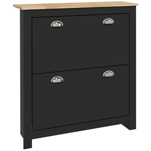 Armoire À Chaussures 2 Portes Abattantes 2 Compartiments Poignées Coquilles Métal Mdf Noir Chêne Clair