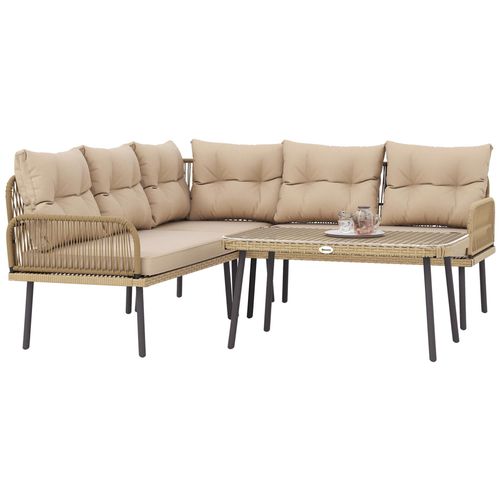 Ensemble Salon De Jardin D'angle 5 Places Avec Table Basse Et Coussins Beige Résine Tressée Effet Rotin