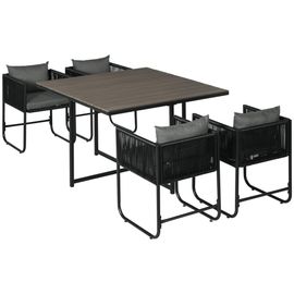 Ensemble Salon De Jardin Encastrable 4 Personnes 5 Pièces - Coussins Déhoussables - Métal Résine Filaire Noir Gris