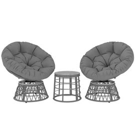 Ensemble Salon De Jardin 3 Pcs - 2 Fauteuils Papasan, Table Basse - 2 Grands Coussins Inclus - Résine Grise