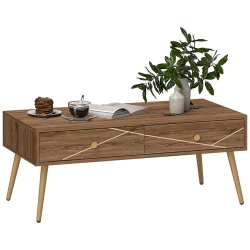Table Basse Design Art Déco - 2 Tiroirs Coulissants - Piètement Poignées Coniques Métal Doré Effet Bois