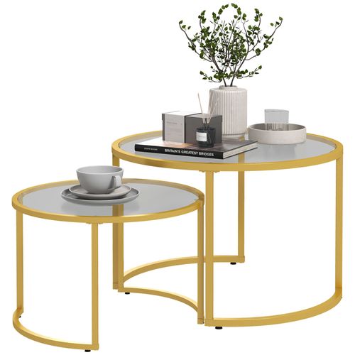 Lot De 2 Tables Basses Gigognes Rondes Style Art Déco Acier Doré Verre