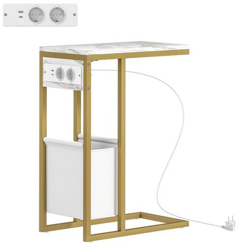 Table D'appoint Avec Station De Charge Secteur + Usb - Panier Tissu Intégré - Acier Doré Effet Marbre Blanc