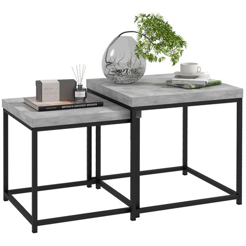 Lot De 2 Tables Basses Gigognes Carrées Style Contemporain - Acier Noir Panneaux Aspect Béton Ciré