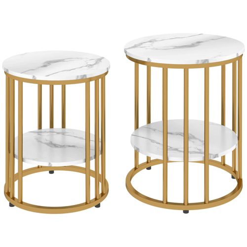 Lot De 2 Tables Basses Gigognes Rondes Style Art Déco - 2 Étagères - Acier Doré Effet Marbre Blanc