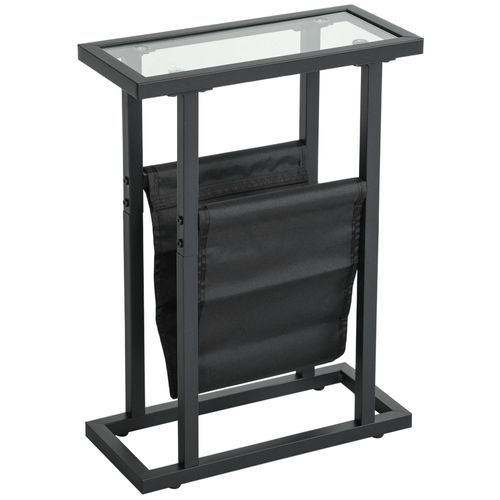 Bout De Canapé Table Basse D'appoint Porte-Revues Intégré Acier Noir Plateau Verre Trempé Transparent