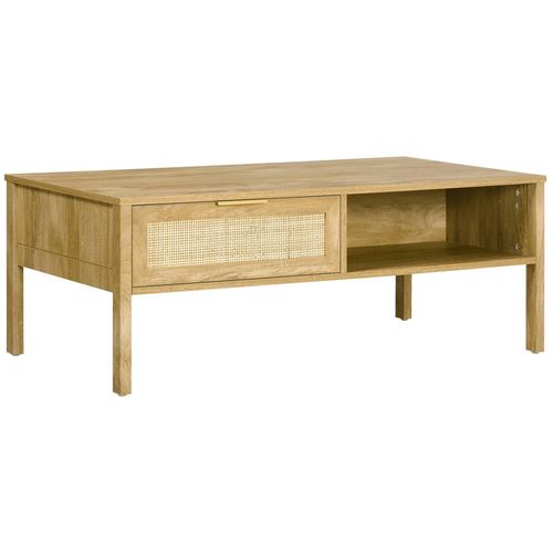 Table Basse Style Bohème Chic - Tiroir Coulissant, 2 Niches - Cannage En Rotin Panneaux Aspect Chêne Clair