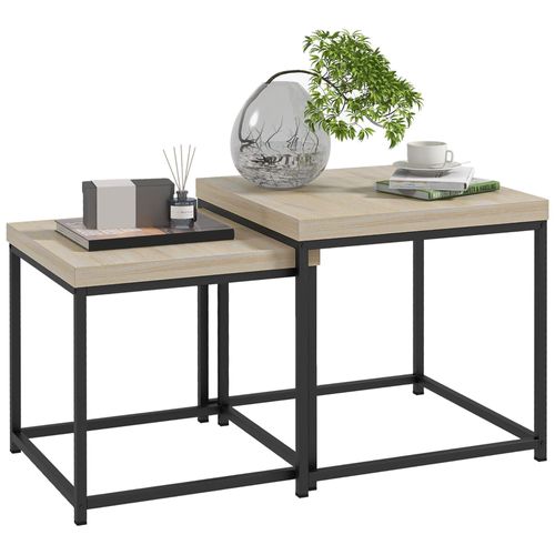 Lot De 2 Tables Basses Gigognes Carrées Style Contemporain - Acier Noir Panneaux Aspect Chêne Clair