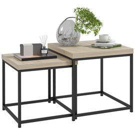 Lot De 2 Tables Basses Gigognes Carrées Style Contemporain - Acier Noir Panneaux Aspect Chêne Clair