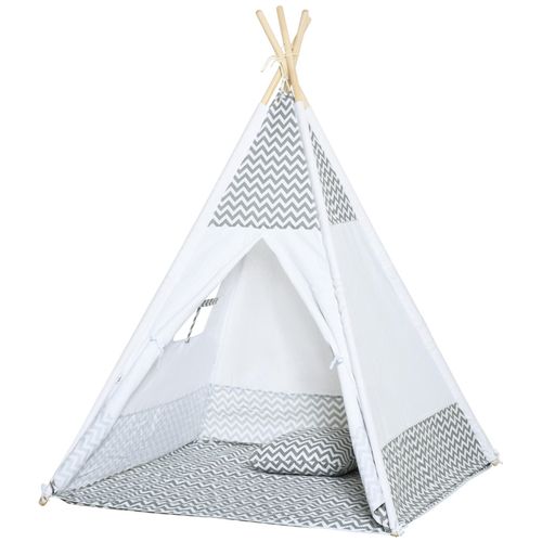 Tente Teepee Indien Enfant Style Graphique - Dim. 1,2l X 1,2i X 1,55h M - Porte Refermable, Fenêtre, Tapis, Coussin, Sac Transport Inclus - Structure Bois, Toile Polyester Coton Gris Blanc