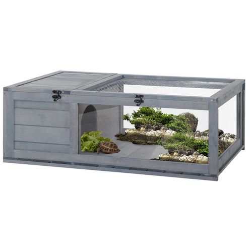 Enclos Pour Tortue - Parc Pour Tortue - Niche, Enclos Extérieur, Toits Ouvrants Verrouillables - Plexiglas Métal Sapin Gris