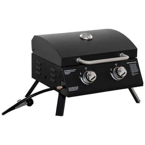 Barbecue Gaz De Table Transportable Pieds Pliables - 2 Brûleurs 5 Kw - Barbecue Gaz De Camping - Grille De 1142, Réceptacle Graisse, Thermomètre - Acier Noir