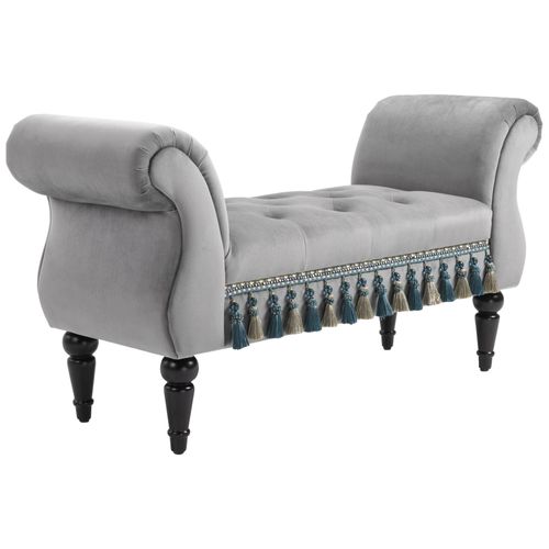 Banc Banquette Capitonnée Design Accoudoirs Courbés Pompons Pieds Bois Hévéa Revêtement Velours Gris