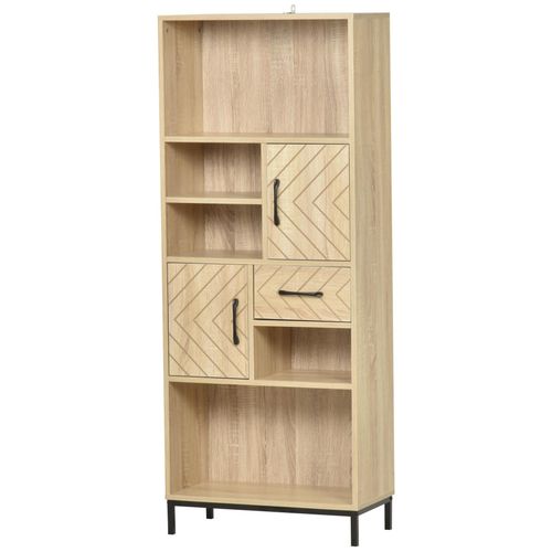 Biblliothèque 2 Étagères 3 Niches 2 Placards + Tiroir Panneaux Particules Mdf Chêne Clair Motif Graphique Métal Noir