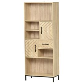 Biblliothèque 2 Étagères 3 Niches 2 Placards + Tiroir Panneaux Particules Mdf Chêne Clair Motif Graphique Métal Noir