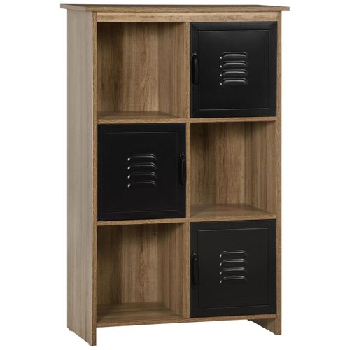 Bibliothèque Design Industriel - Meuble De Rangement 3 Niches 3 Casiers - Panneaux Particules Aspect Bois Veinage Portes Métal Noir