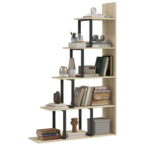 Étagère Bibliothèque Séparateur De Pièce Style Industriel En Escalier 5 Étagères Acier Noir Panneaux Aspect Bois Chêne Clair