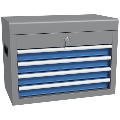 Boite À Outils Métallique Caisse À Outils - 4 Tiroirs + Plateau Verrouillables - Tapis Eva Poignées Tôle Acier Gris Bleu