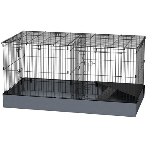 Cage Pour Cochon D'inde Avec Séparation 2 Zones - Plateforme Observation, Rampe, Portes - Acier Noir Pvc Tissu Gris