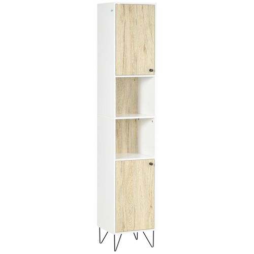 Meuble Colonne Rangement Salle De Bain Style Cosy 2 Niches 2 Portes Avec Étagère Piètement Épingle Acier Noir Blanc Aspect Chêne Clair