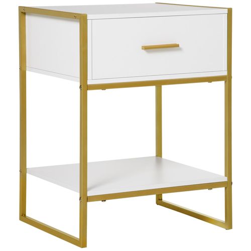 Chevet Table De Nuit Style Art Déco - Tiroir, Étagère - Acier Doré Panneaux Blanc