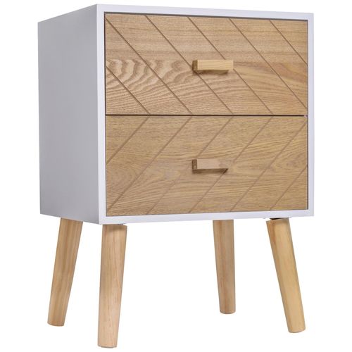 Chevet Table De Nuit Design Scandinave 40l X 30l X 56h Cm 2 Tiroirs Bois Massif Pin Mdf Blanc Et Hêtre Mo