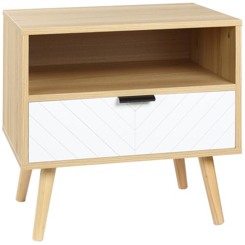 Chevet Table De Nuit Design Scandinave Tiroir + Niche Bois Pin Panneaux Particules Motif Chevrons Blanc Aspect Chêne Clair